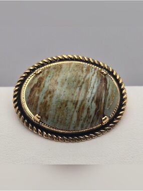 Vintage Style Oval Stone Brooch Earth Tone Cabochon Statement Pin 1.5”